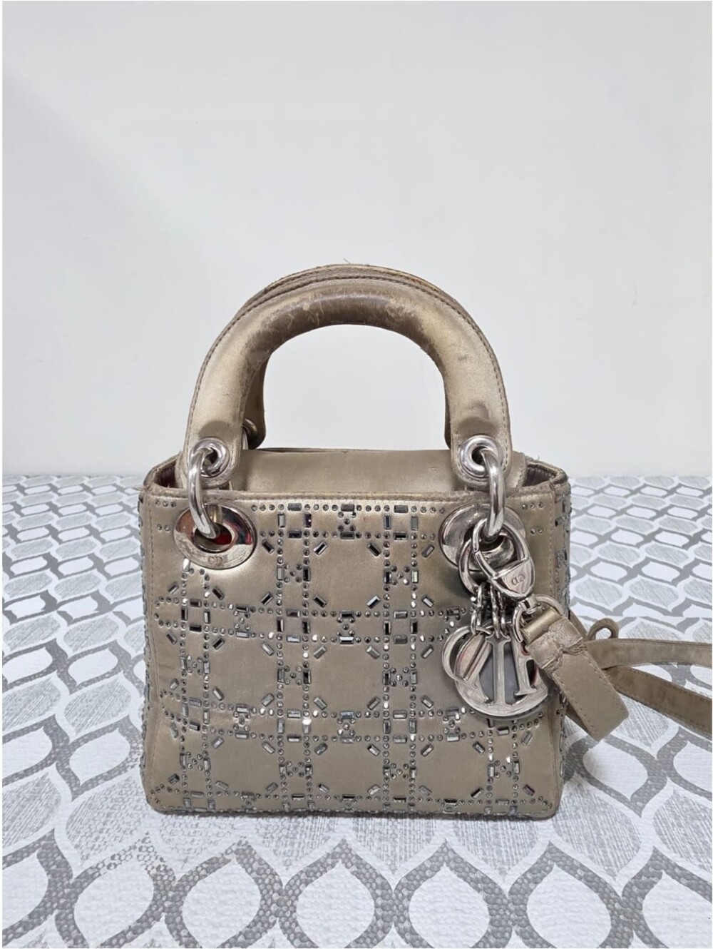 CHRISTIAN DIOR Satin And Crystal Mini Lady Dior Bag Grey